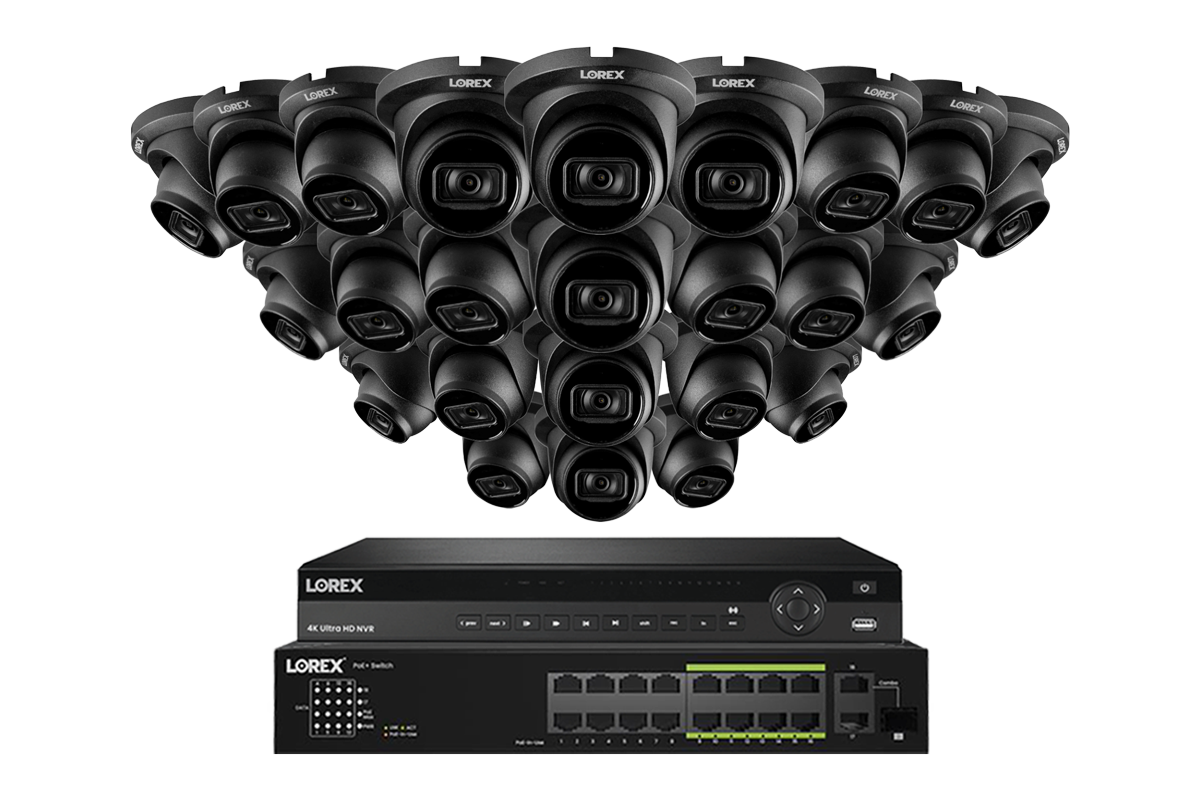 Lorex 4K (32 Camera Capable) Wired NVR System with Nocturnal 3 24 Black Smart IP Dome Cameras Featuring Listen-In Audio and 30FPS Recording