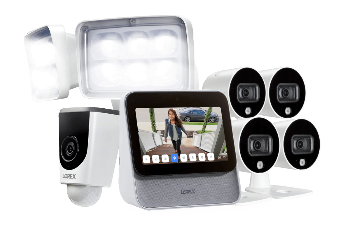 Lorex Smart Home Security Center with Four 1080p Outdoor Wi-Fi Cameras and Wi-Fi Floodlight Camera