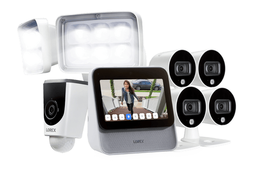 Lorex Smart Home Security Center with Four 1080p Outdoor Wi-Fi Cameras and Wi-Fi Floodlight Camera