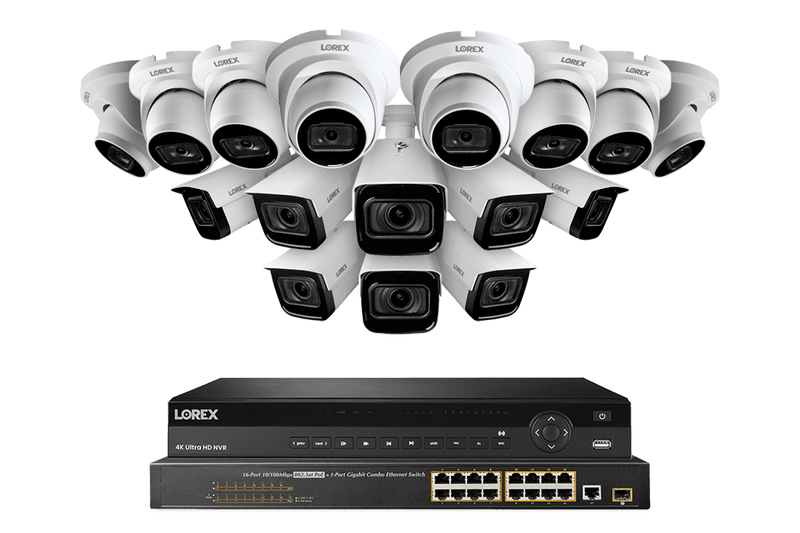 Lorex Nocturnal 4K 32-Channels 8TB NVR System with Bullet Motorized Varifocal Cameras and Dome Audio Cameras - White