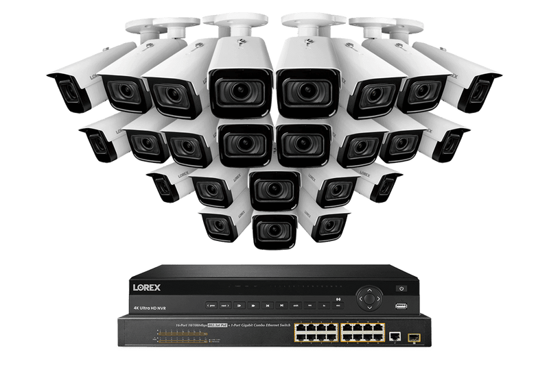 Lorex 4K (32 Camera Capable) 8TB Wired NVR System with Nocturnal 3 24 White Smart IP Bullet Cameras Featuring Motorized Varifocal Lens and 30FPS Recording