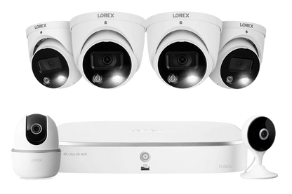 Lorex Fusion 4K 16 Camera Capable (8 Wired + 8 Wi-Fi) 2TB NVR System with 4 Smart Deterrence Dome Cameras, One 2K Pan-Tilt Camera and One 2K Indoor Wi-Fi Camera
