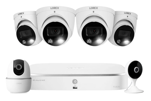 Lorex Fusion 4K 16 Camera Capable (8 Wired + 8 Wi-Fi) 2TB NVR System with 4 Smart Deterrence Dome Cameras, One 2K Pan-Tilt Camera and One 2K Indoor Wi-Fi Camera