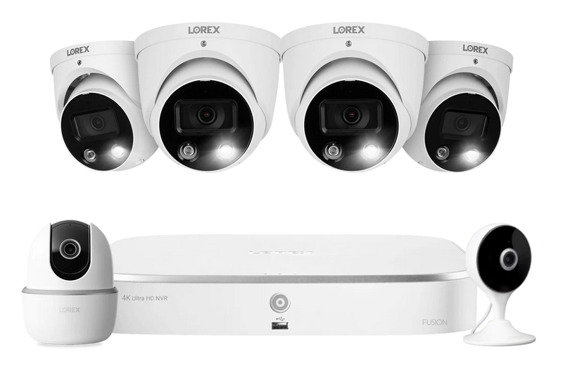Lorex Fusion 4K 16 Camera Capable (8 Wired + 8 Wi-Fi) 2TB NVR System with 4 Smart Deterrence Dome Cameras, One 2K Pan-Tilt Camera and One 2K Indoor Wi-Fi Camera