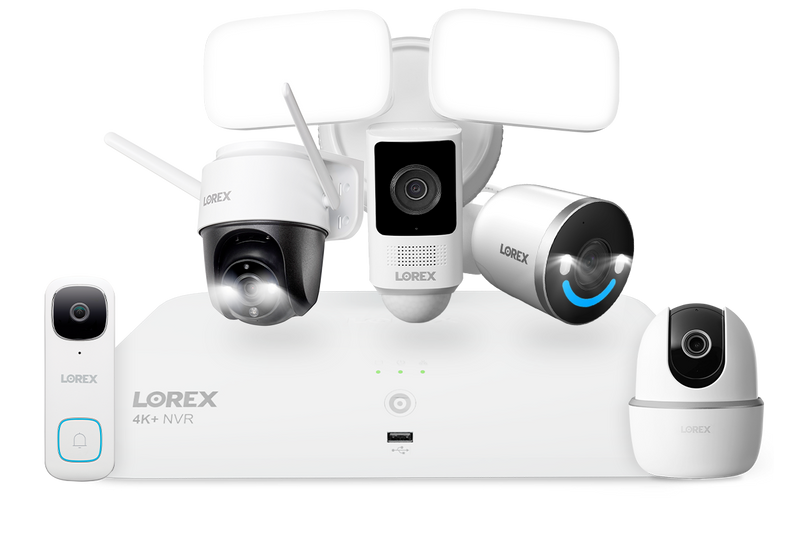 Lorex Wireless Fusion - 4K+ NVR with 2K Wired Doorbell, Outdoor Pan-Tilt Camera, Wi-Fi Floodlight Camera, Two 4K Wi-Fi 6 Outdoor Cameras and Two Indoor Pan-Tilt Cameras