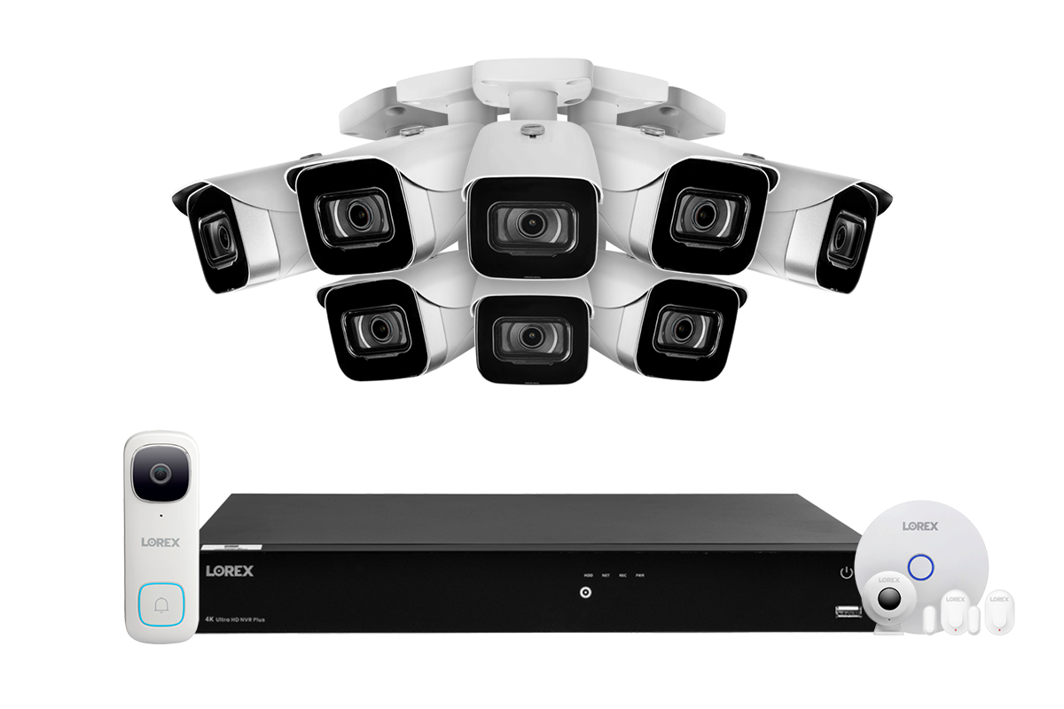 Lorex Fusion 4K (16 Camera Capable) 4TB Wired NVR System with 8 White IP Bullet Cameras, One 2K Wired Video Doorbell and One Sensor Kit