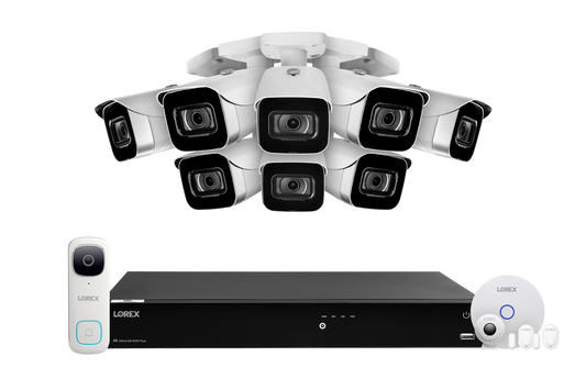 Lorex Fusion 4K (16 Camera Capable) 4TB Wired NVR System with 8 White IP Bullet Cameras, One 2K Wired Video Doorbell and One Sensor Kit