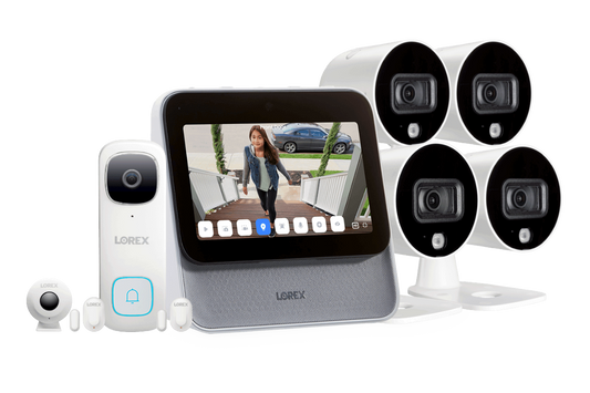 Lorex Smart Home Security Center with 4 Outdoor Wi-Fi Cameras, 2K Video Doorbell and 3 Sensors