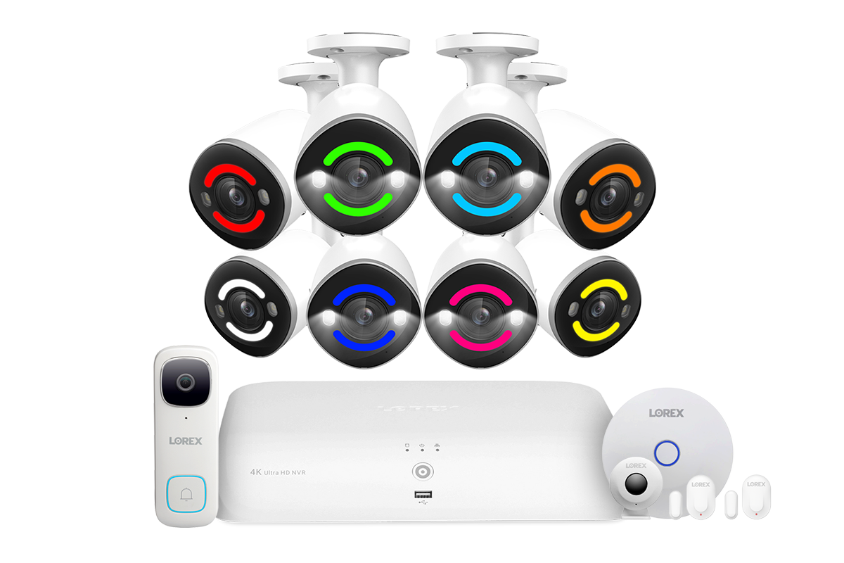 Lorex Fusion 4K 16-channel 2TB Wired NVR System with Eight Deterrence Bullet Wired Cameras plus One 2K Doorbell and One Sensor Kit with Three Sensors