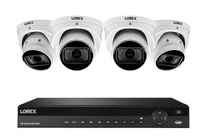 Lorex 4K (16 Camera Capable) 4TB Wired NVR System with Nocturnal 3 Smart IP Dome Cameras with Listen-in Audio and Motorized Varifocal Lenses - White 4