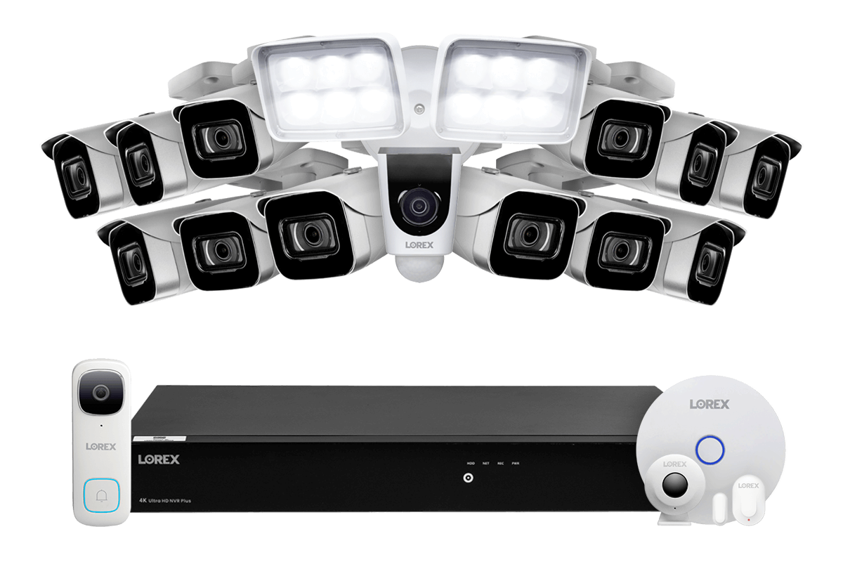Lorex Fusion 4K 16-Channel 3TB Wired NVR System with 12 Cameras + 2K Wi-Fi Video Doorbell, Wi-Fi Floodlight Camera and Smart Sensor Kit