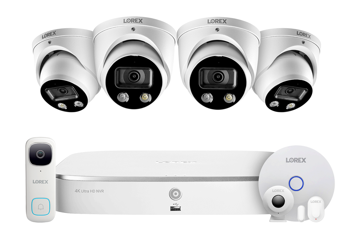 8-Channel NVR Fusion System with Four 4K Smart Deterrence IP Dome Cameras, 2K Wi-Fi Video Doorbell and Smart Sensor Starter Kit