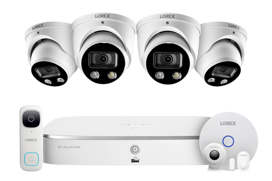 8-Channel NVR Fusion System with Four 4K Smart Deterrence IP Dome Cameras, 2K Wi-Fi Video Doorbell and Smart Sensor Starter Kit