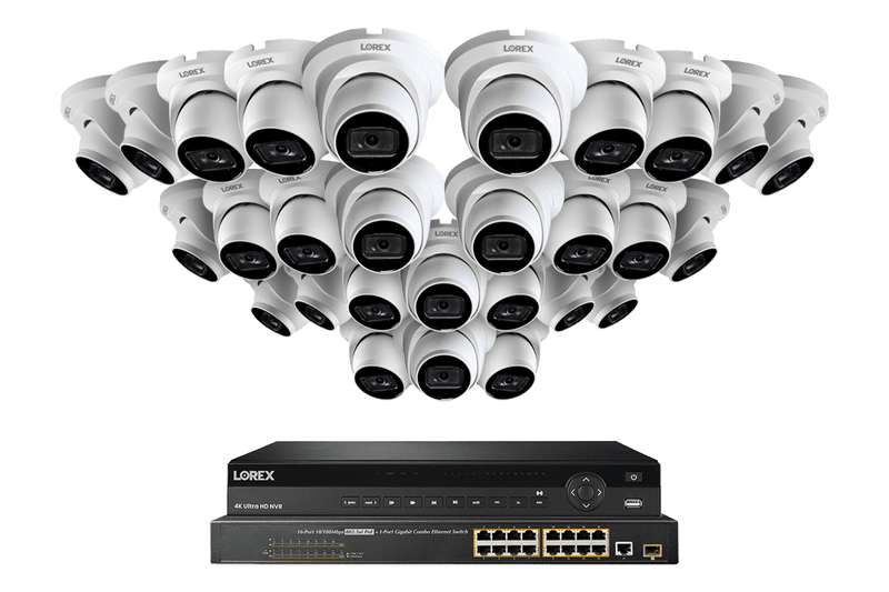 32-Channel Nocturnal NVR System with Twenty-Eight 4K (8MP) Smart IP White Dome Security Cameras with Real-Time 30FPS Recording and Listen-in Audio