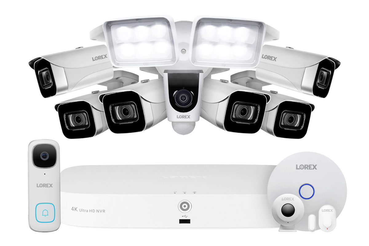 8-Channel NVR Fusion System with Six 4K (8MP) IP Cameras, 2K Wi-Fi Video Doorbell, Wi-Fi Floodlight Camera and Smart Sensor Starter Kit
