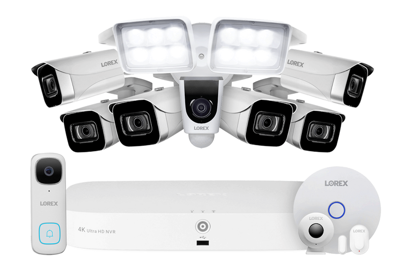 8-Channel NVR Fusion System with Six 4K (8MP) IP Cameras, 2K Wi-Fi Video Doorbell, Wi-Fi Floodlight Camera and Smart Sensor Starter Kit