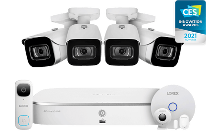 8-Channel NVR Fusion System with Four 4K (8MP) IP Cameras, 2K Wi-Fi Video Doorbell, and Smart Sensor Starter Kit