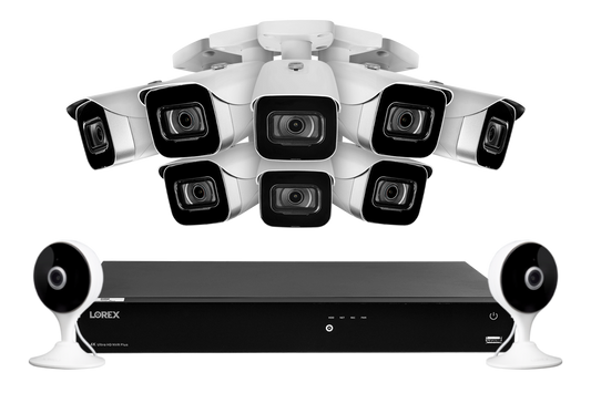 Lorex Fusion 4K (16 Camera Capable) 3TB Wired NVR System with 8 IP Bullet Cameras and Two 2K Indoor Wi-Fi Cameras