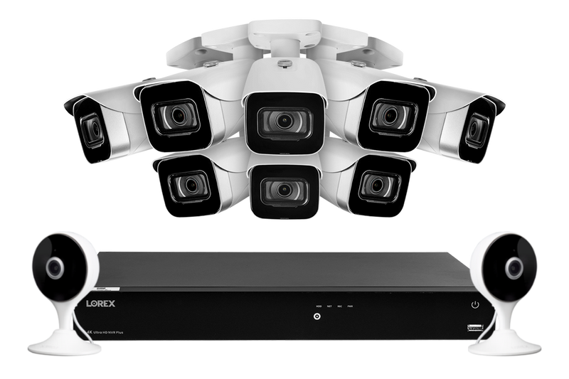 Lorex Fusion 4K (16 Camera Capable) 3TB Wired NVR System with 8 IP Bullet Cameras and Two 2K Indoor Wi-Fi Cameras