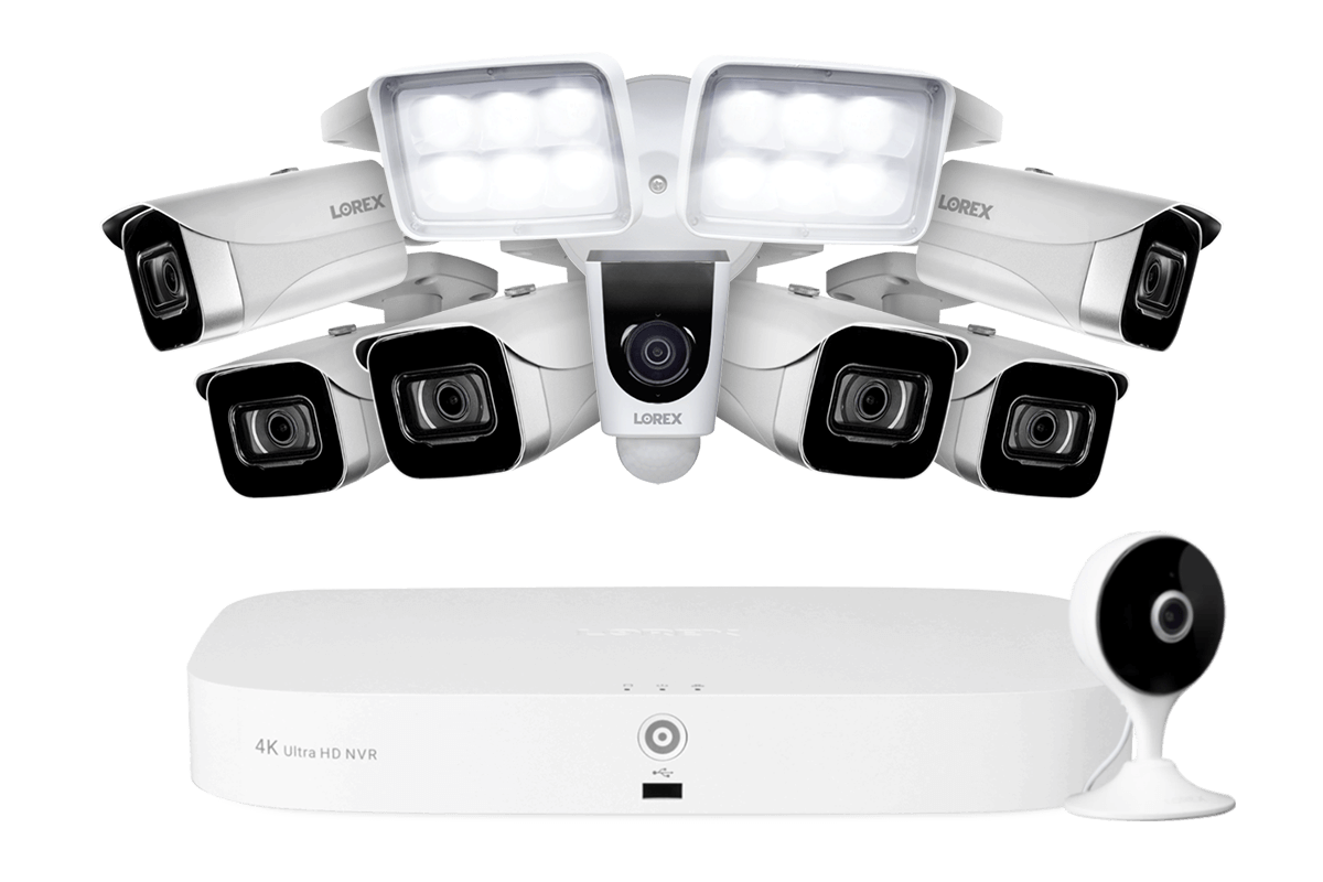 Lorex Fusion 4K 8-Channel 2TB Wired NVR System with Six 4K IP Cameras + 2K Indoor Wi-Fi Security Camera and Wi-Fi Floodlight Camera