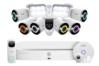 Lorex Fusion 4K 16 Camera Capable (8 Wired + 8 Wi-Fi) 2TB NVR System with 6 Smart Security Lighting Bullet Cameras, 2K Wired Doorbell, Sensor Kit and 1080P Floodlight