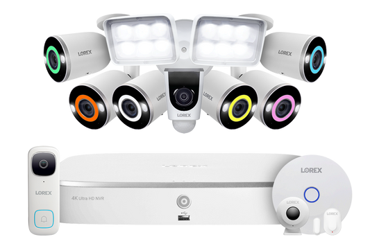 Lorex Fusion 4K 16 Camera Capable (8 Wired + 8 Wi-Fi) 2TB NVR System with 6 Smart Security Lighting Bullet Cameras, 2K Wired Doorbell, Sensor Kit and 1080P Floodlight
