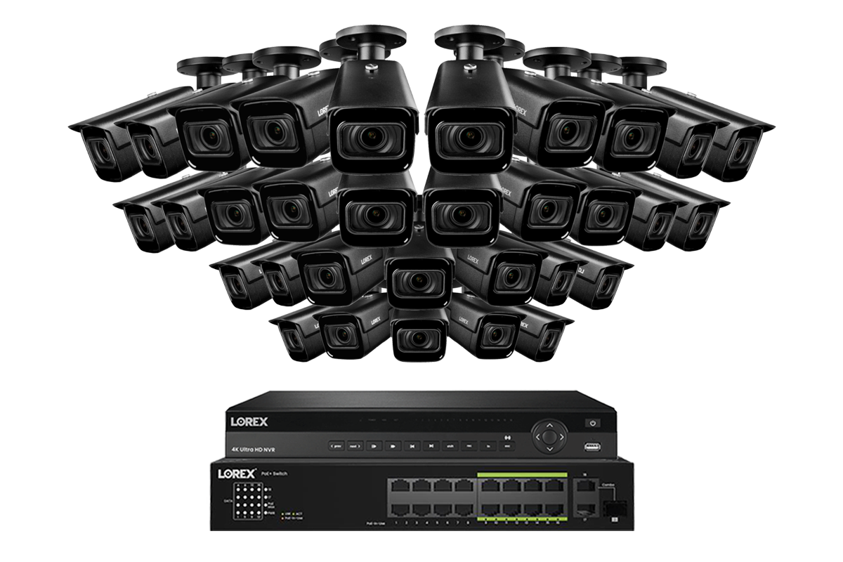 Lorex 4K (32 Camera Capable) 8TB Wired NVR System with Nocturnal 3 32 Black Smart IP Bullet Cameras Featuring Motorized Varifocal Lens and 30FPS Recording