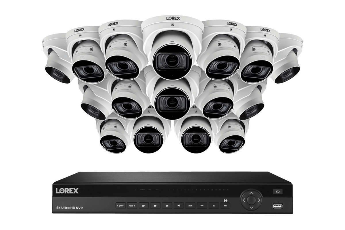 Lorex 4K (16 Camera Capable) 4TB Wired NVR System with Nocturnal 4 Smart IP Dome Cameras Featuring Motorized Varifocal Lens, Listen-In Audio and 30FPS - White 16