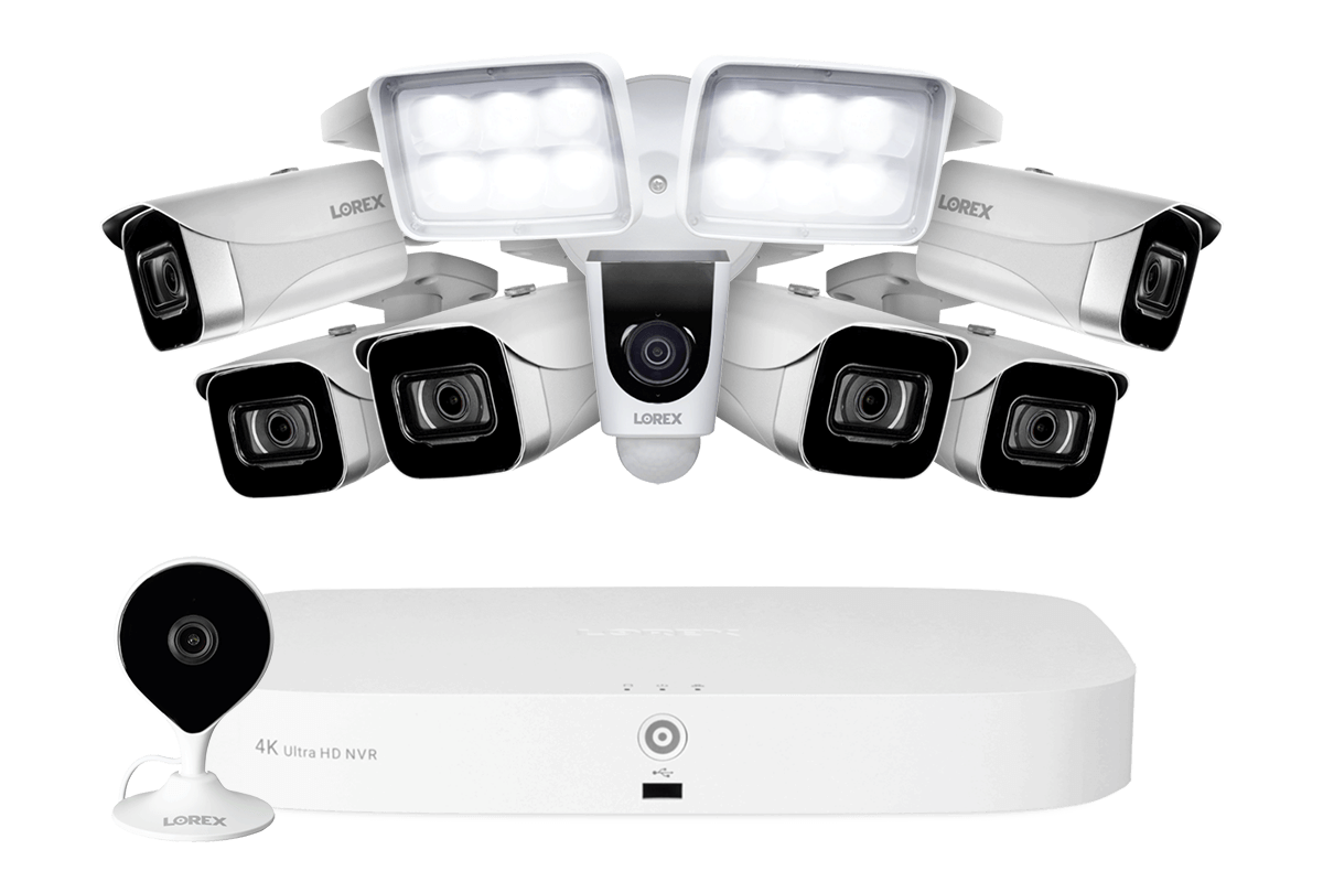 8-Channel NVR Fusion System with Six 4K (8MP) IP Cameras, HD Smart Indoor Wi-Fi Security Camera and Wi-Fi Floodlight Camera