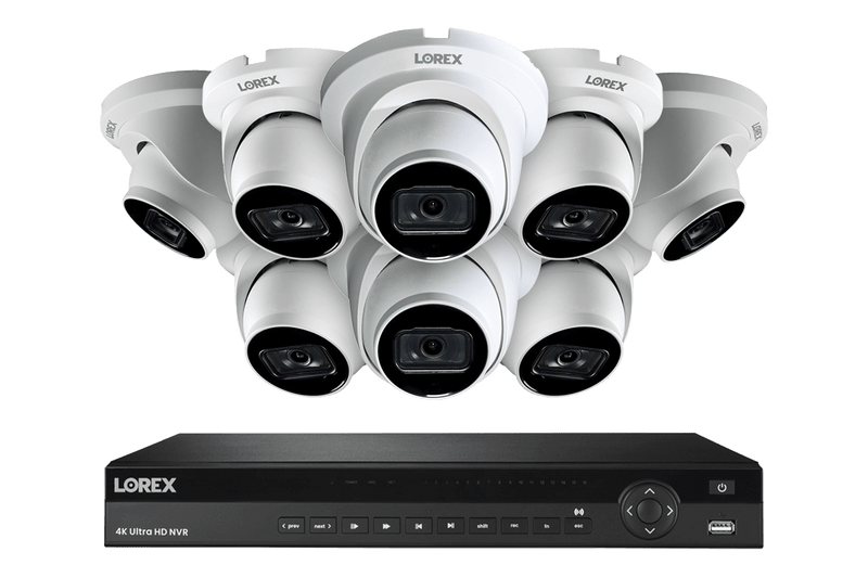 16-Channel Nocturnal NVR System with Eight 4K (8MP) Smart IP White Dome Security Cameras with Real-Time 30FPS Recording and Listen-in Audio