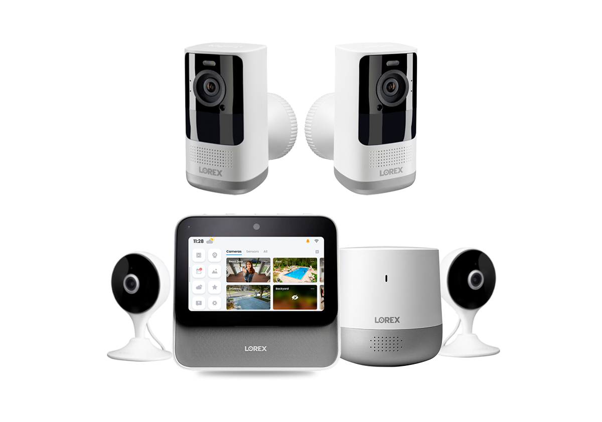 Lorex Smart Home Security Center with 2K Wire-Free Cameras, Two 2K Indoor Wi-Fi Security Cameras and Range Extender