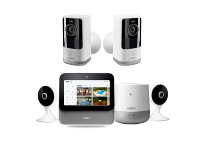 Lorex Smart Home Security Center with 2K Wire-Free Cameras, Two 2K Indoor Wi-Fi Security Cameras and Range Extender