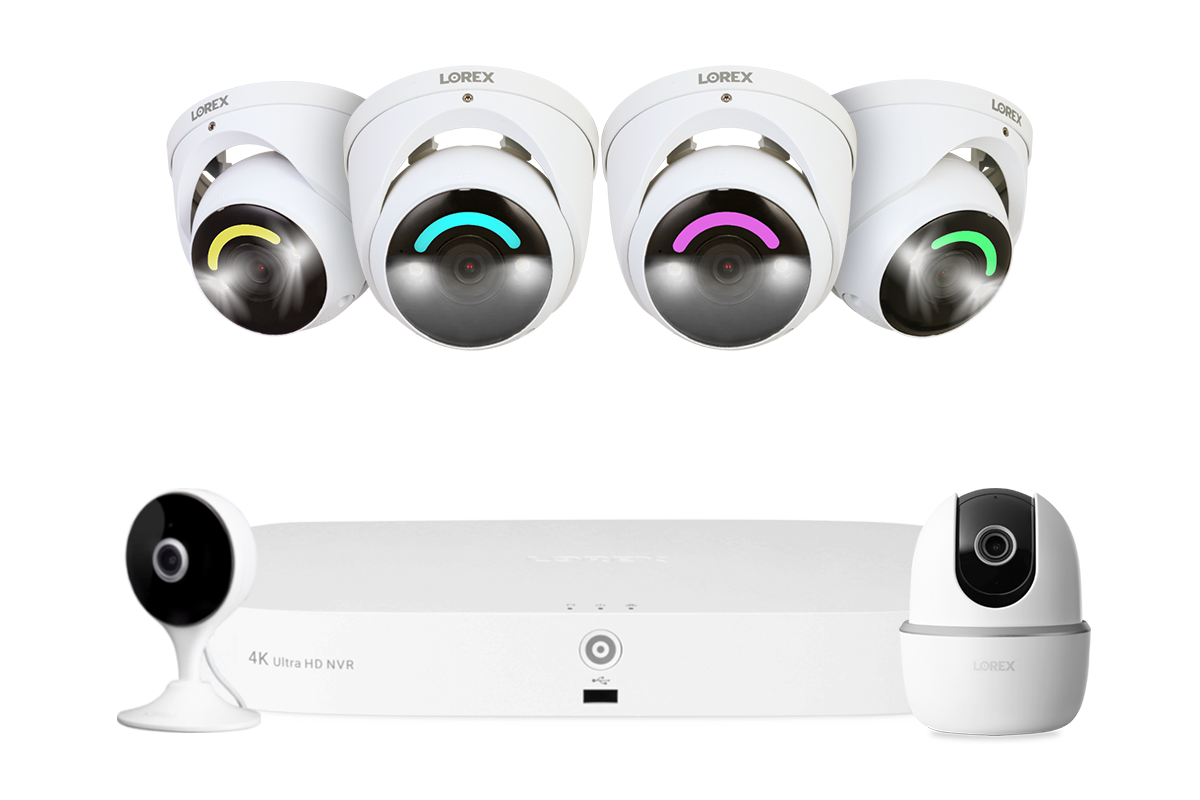 Lorex Fusion 4K 16 Camera Capable (8 Wired + 8 Wi-Fi) 2TB NVR System with 4 Smart Security Lighting Dome Cameras, One 2K Pan-Tilt Camera, and One 2K Indoor Wi-Fi Camera