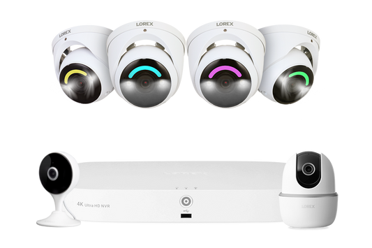Lorex Fusion 4K 16 Camera Capable (8 Wired + 8 Wi-Fi) 2TB NVR System with 4 Smart Security Lighting Dome Cameras, One 2K Pan-Tilt Camera, and One 2K Indoor Wi-Fi Camera