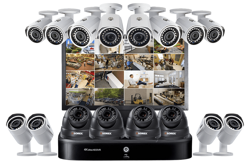 Complete Security Camera System with 16-Channel 4K DVR, Twelve 1080p Outdoor Bullets, Four 1080p Motororized Varifocal Domes and Monitor