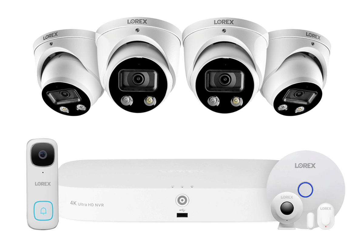 8-Channel NVR Fusion System with Four 4K Smart Deterrence IP Dome Cameras, 2K Wi-Fi Video Doorbell and Smart Sensor Starter Kit