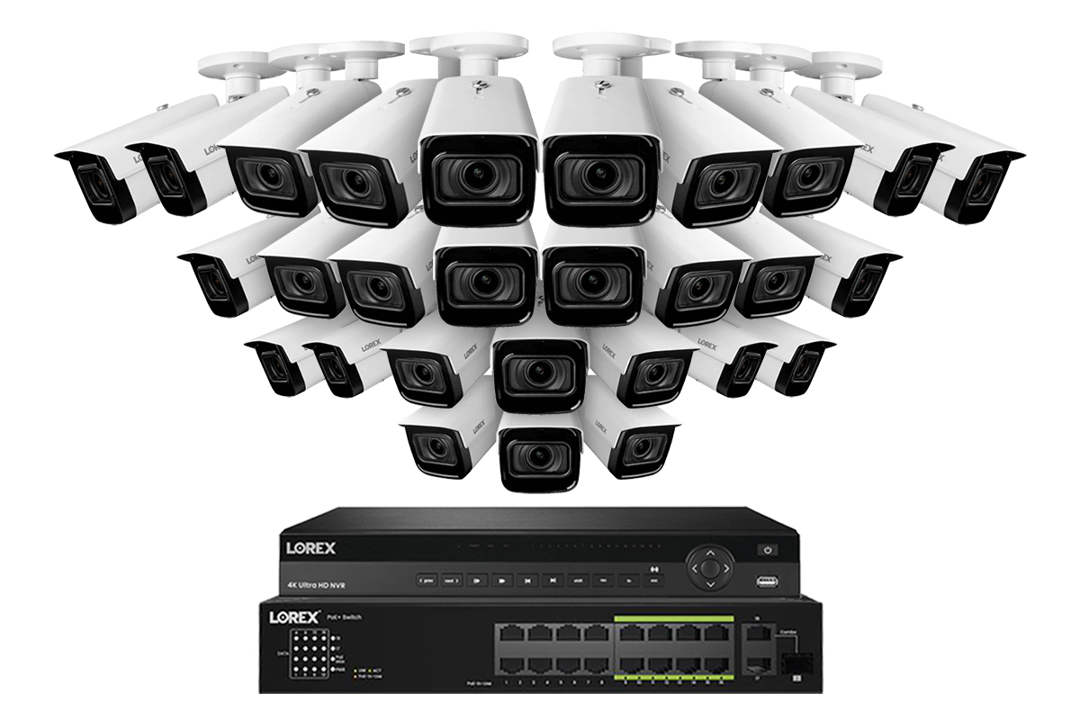 Lorex 4K (32 Camera Capable) Wired NVR System with Nocturnal 3 28 White Smart IP Bullet Cameras Featuring Motorized Varifocal Lens and 30FPS Recording