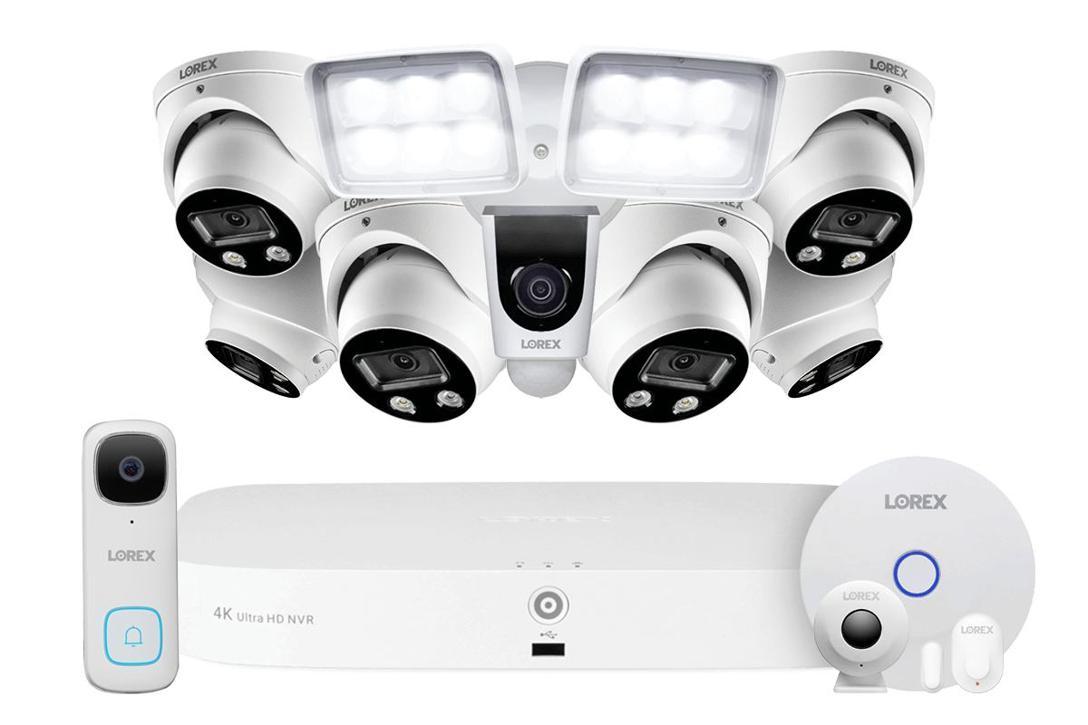 8-Channel NVR Fusion System with Six 4K Smart Deterrence IP Dome Security Cameras, 2K Wi-Fi Video Doorbell, Wi-Fi Floodlight Camera and Smart Sensor Starter Kit