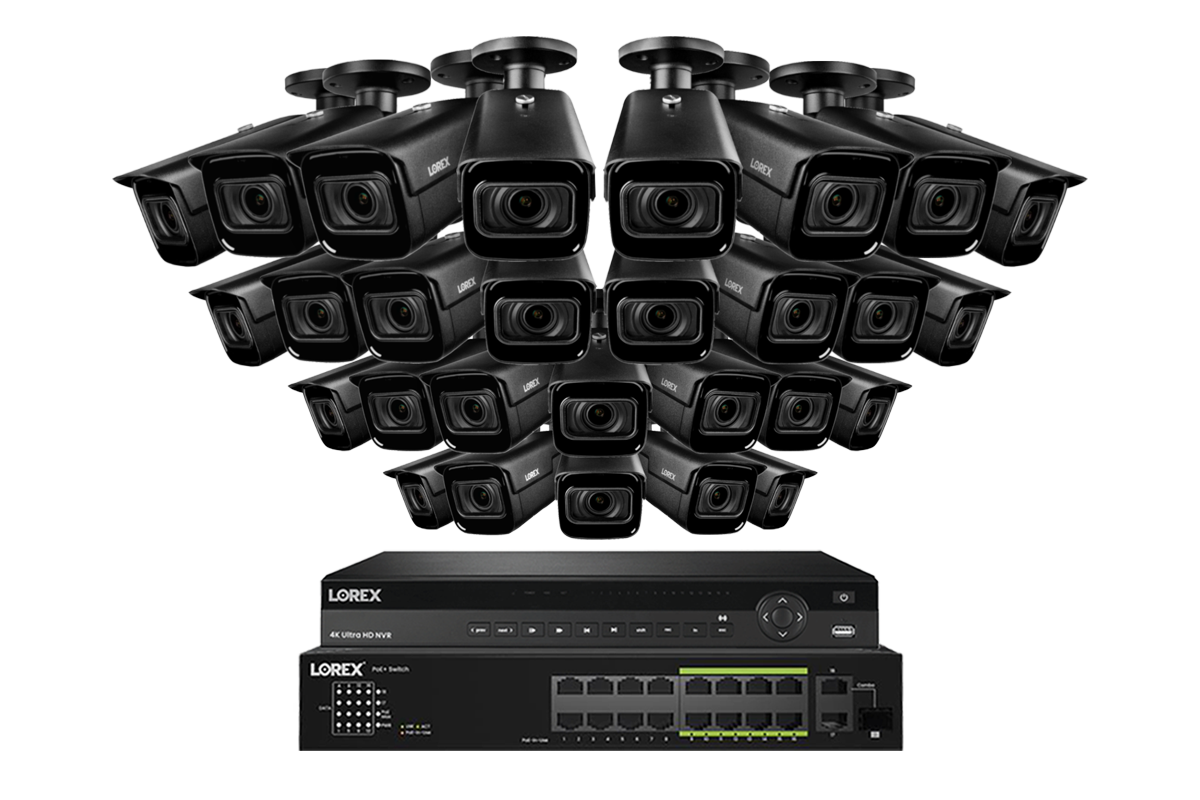 Lorex 4K (32 Camera Capable) Wired NVR System with Nocturnal 3 24 Black Smart IP Bullet Cameras Featuring Motorized Varifocal Lens and 30FPS Recording