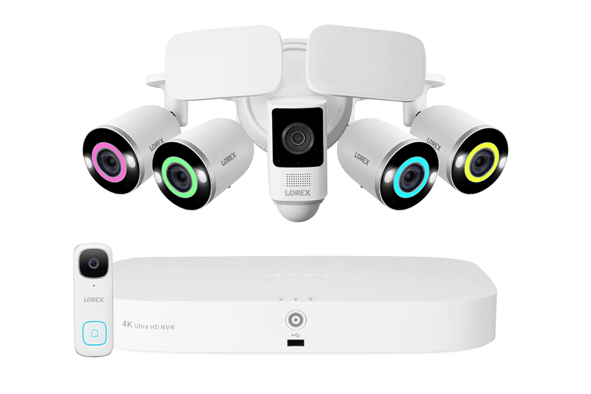 Lorex Fusion 4K 16 Camera Capable (8 Wired + 8 Wi-Fi) 2TB NVR System with 4 Smart Security Lighting Bullet Cameras, One 2K Wired Doorbell, and One 2K Floodlight