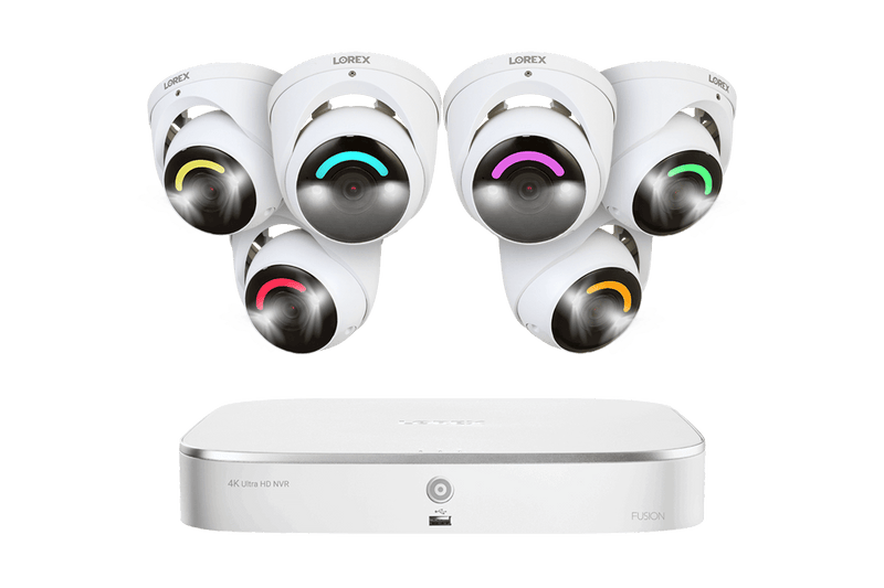 Lorex Fusion 4K 16 Camera Capable (8 Wired and 8 Wi-Fi) 2TB Wired NVR System with Dome Cameras Featuring Smart Security Lighting - Six Cameras