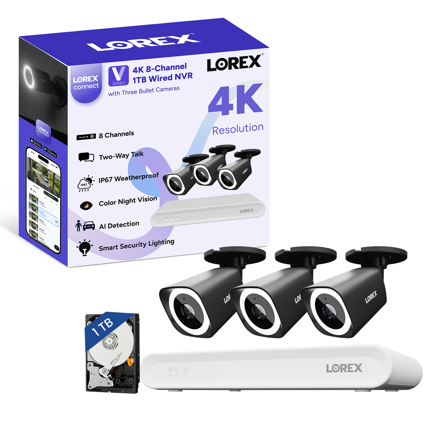 Lorex Connect (New App) | V-Series | 8Ch 4K NVR System | 3 IP PoE Cameras