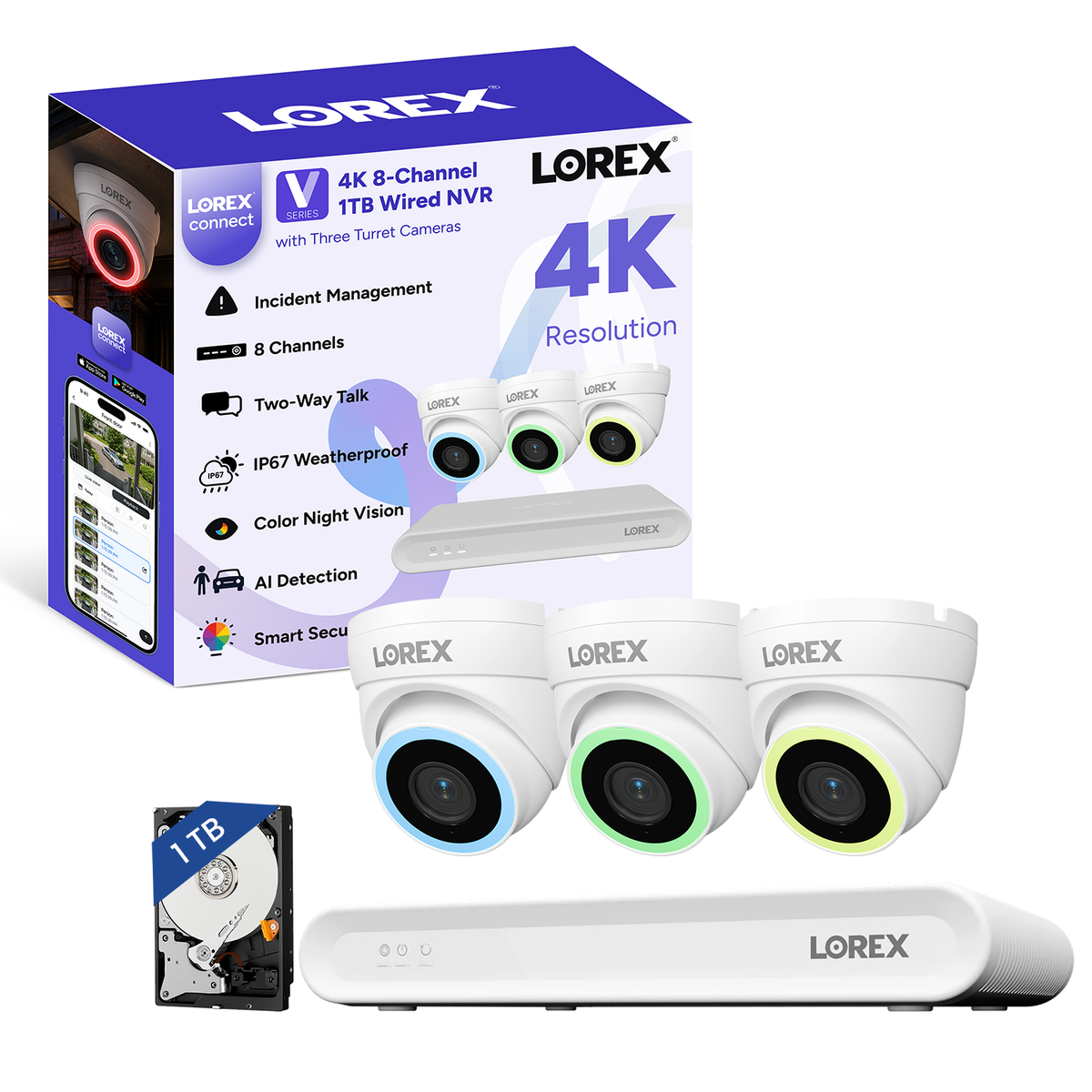 Lorex Connect (New App) | V-Series | 8Ch 4K NVR System | 3 V5 Dome PoE Cameras