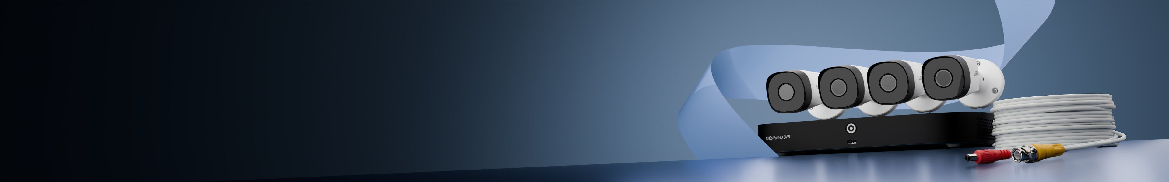 Lorex analog security system with DVR, bullet cameras, and coiled coaxial cable with BNC and power connectors on a blue background