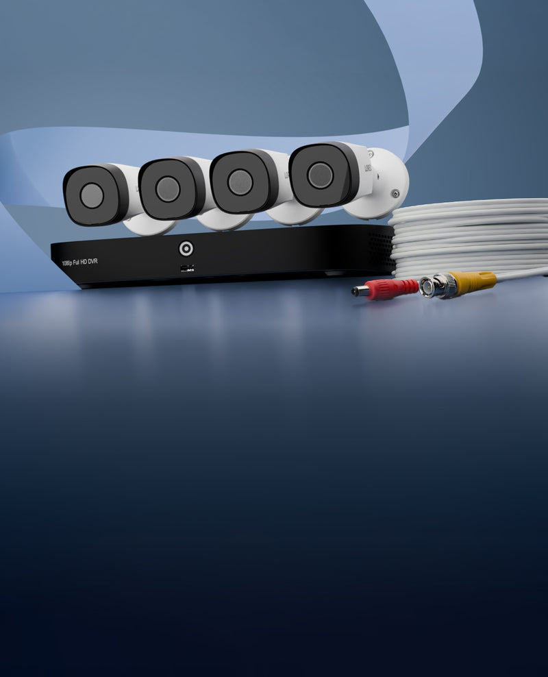 Lorex analog security system with DVR, bullet cameras, and coiled coaxial cable with BNC and power connectors on a blue background