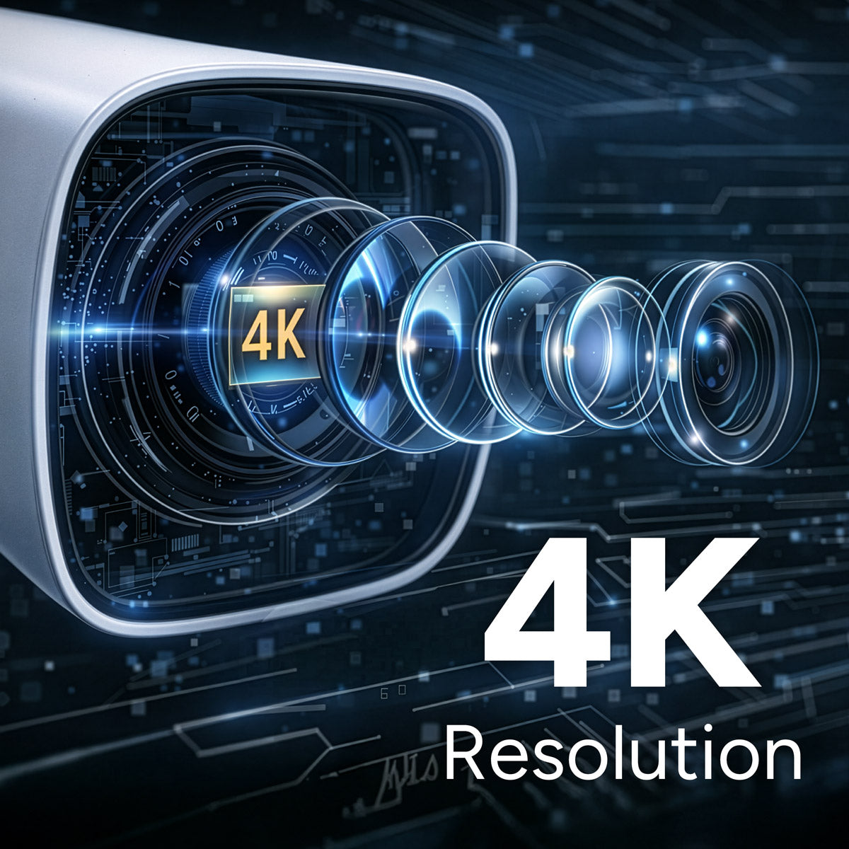Camera lens with 4K resolution text on a dark background