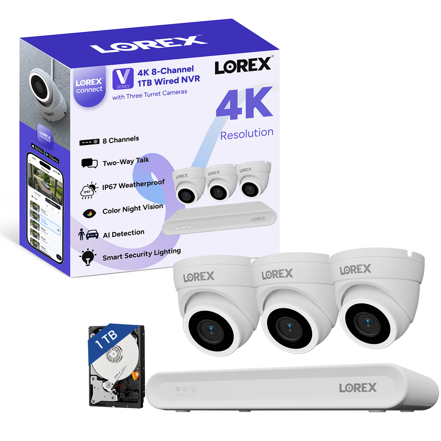 Lorex Connect (New App) | V-Series | 8Ch 4K NVR System | 3 White IP PoE Cameras