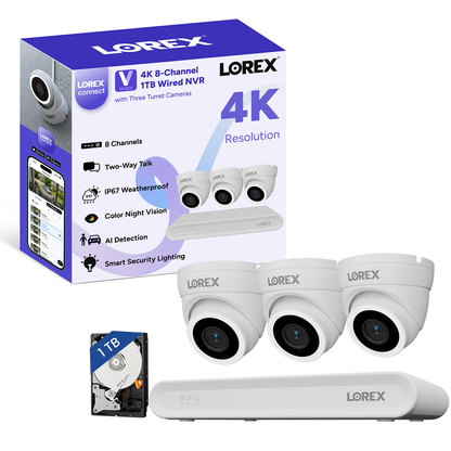 Lorex Connect (New App) | V-Series | 8Ch 4K NVR System | 3 White IP PoE Cameras