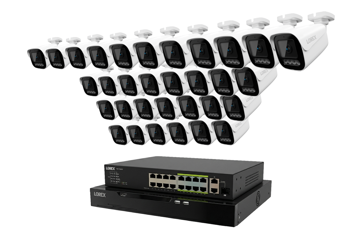 Security camera system with multiple cameras and a central control panel on a white background