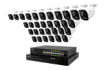 Security camera system with multiple cameras and a central control panel on a white background